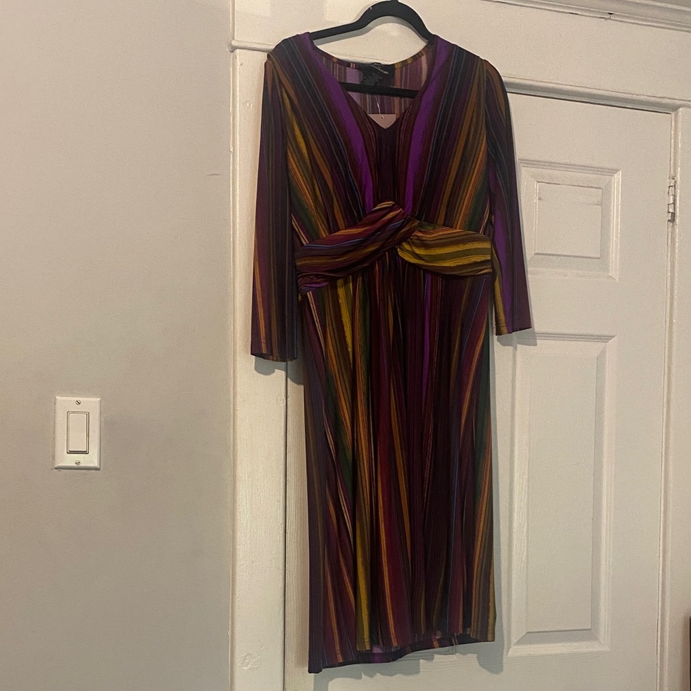 Nina Leonard 1980 s Purple and Gold Striped Long Sleeve Dress